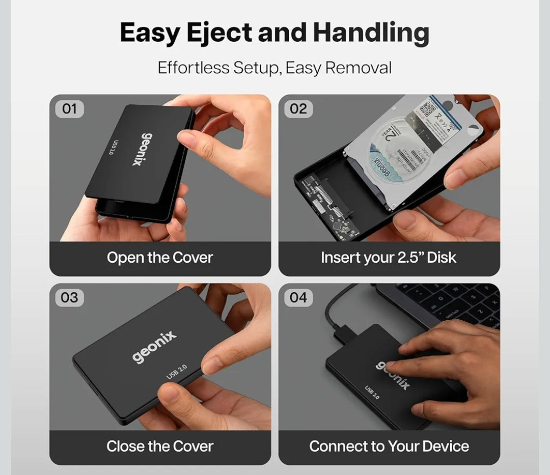 GEONIX 2.5 Inch SSD Enclosure | Tool Free Installation | Supports Upto 6TB Storage | USB Cable | Compatible with Laptop, PC (Black)