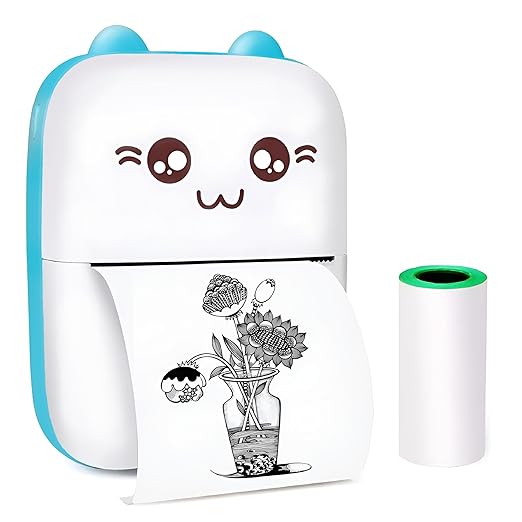 Cute Mini Portable Thermal Printer, Inkfree Wirless Bluetooth Printer Compatible with Android & iOS, Best for Students, Home, Office, Exam Notes, Stickers, Lists (1 Paper Roll, Blue)