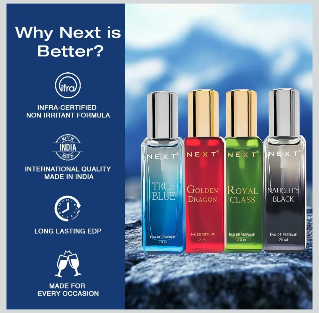 Next Luxury Perfume Fragrances Pack of 4 Eau de Parfum giftThe fragrances featured are "Golden Dragon," "True Blue," "Naughty Black," and "Royal Class". The set includes four 20ml bottles of Eau de Parfum.