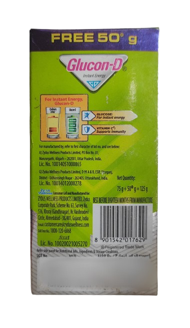 Glucon-D Nimbu Pani Glucose Powder (75g + 50gm =125gm, Refill)| For Tasty Tangy Flavoured Glucose Drink| Provides Instant Energy| Vitamin C Supports Immunity| Contains Calcium for Bone