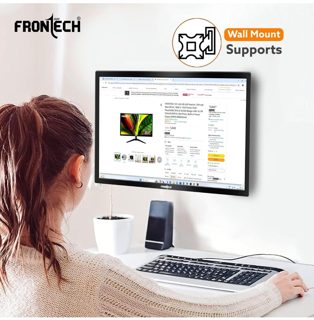 FRONTECH 20 Inch (50.8 cm), LED, HD 1600 x 900, 60Hz, Black, 16.7M Colors, Wall Mountable, Slim & Stylish Design, HDMI, VGA, Built-in Power Supply Monitor (MON-0054)