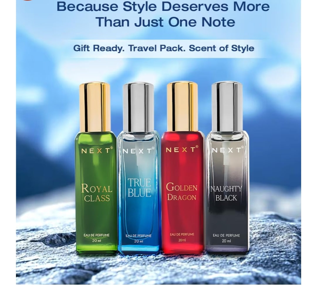 Next Luxury Perfume Fragrances Pack of 4 Eau de Parfum giftThe fragrances featured are "Golden Dragon," "True Blue," "Naughty Black," and "Royal Class". The set includes four 20ml bottles of Eau de Parfum.