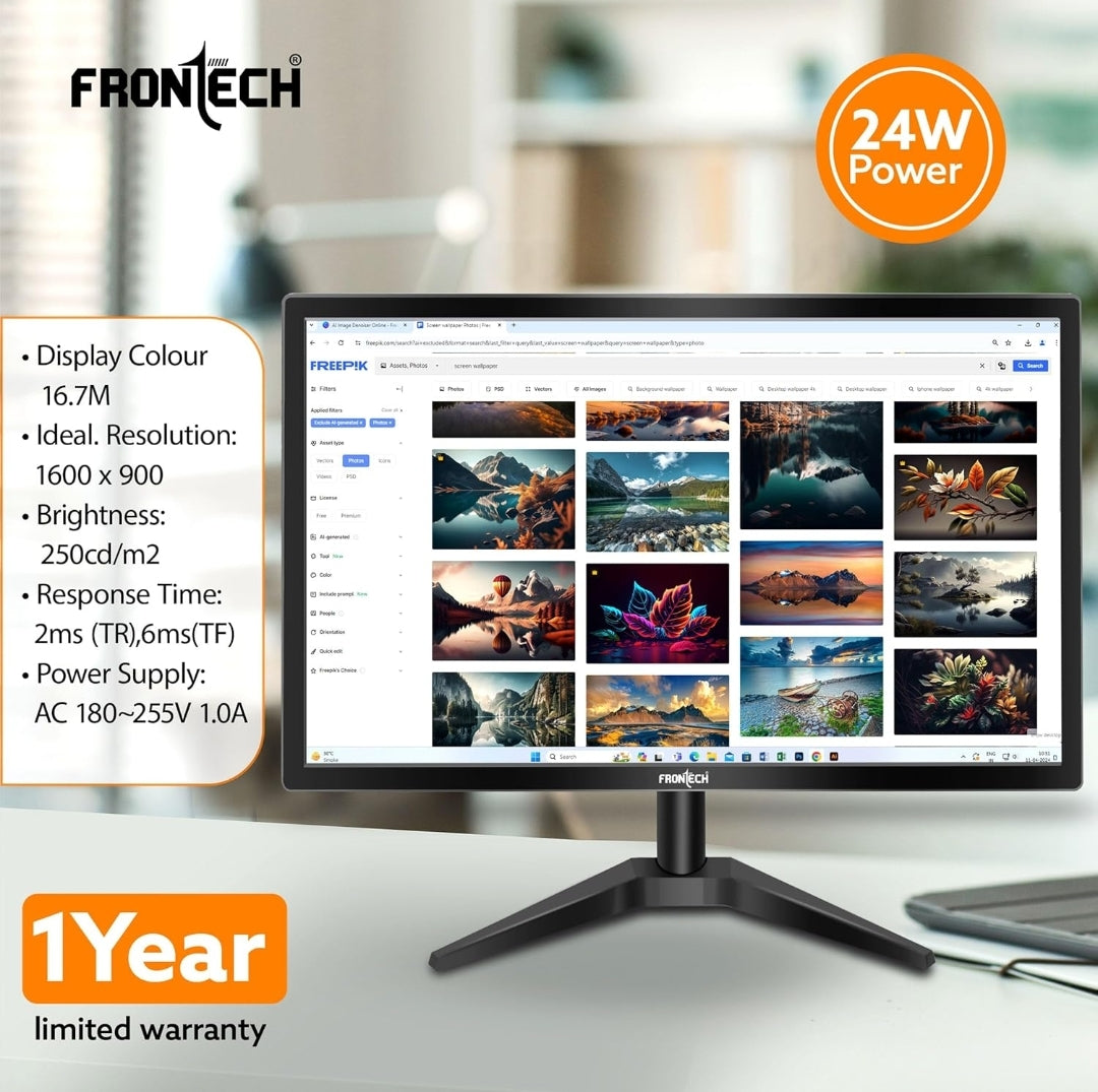 FRONTECH 20 Inch (50.8 cm), LED, HD 1600 x 900, 60Hz, Black, 16.7M Colors, Wall Mountable, Slim & Stylish Design, HDMI, VGA, Built-in Power Supply Monitor (MON-0054)
