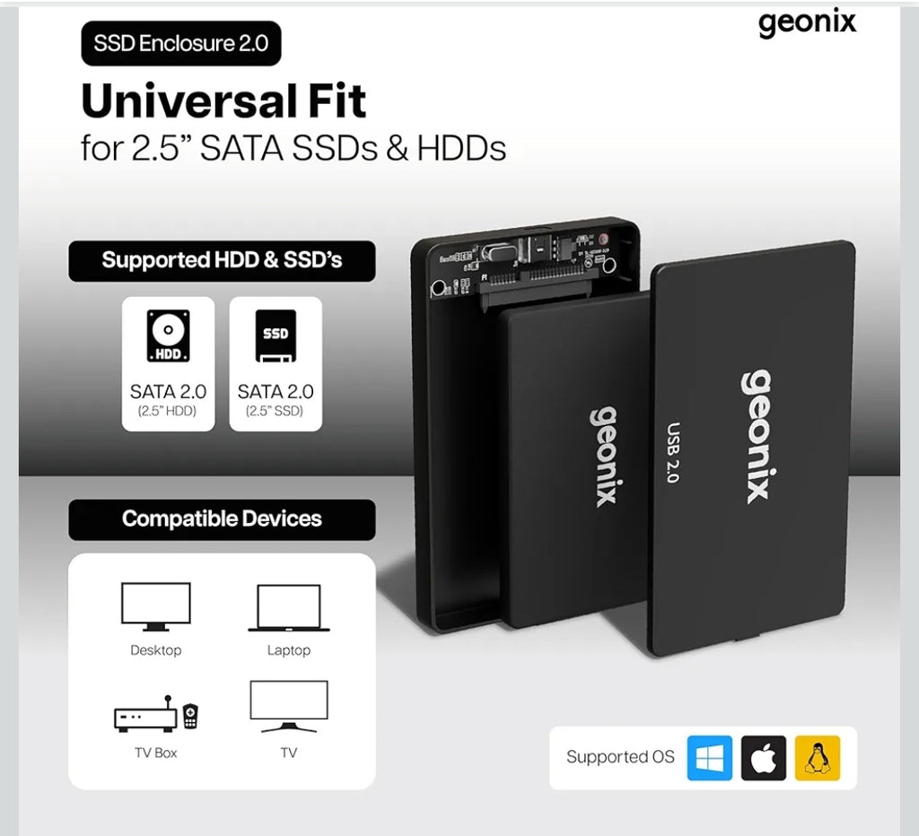 GEONIX 2.5 Inch SSD Enclosure | Tool Free Installation | Supports Upto 6TB Storage | USB Cable | Compatible with Laptop, PC (Black)