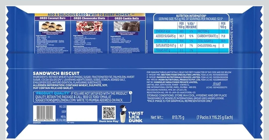 Cadbury Oreo Vanilla Flavour Creme Sandwich Biscuit Mega Family Pack, 876.75/813.75 g[weight may vary]