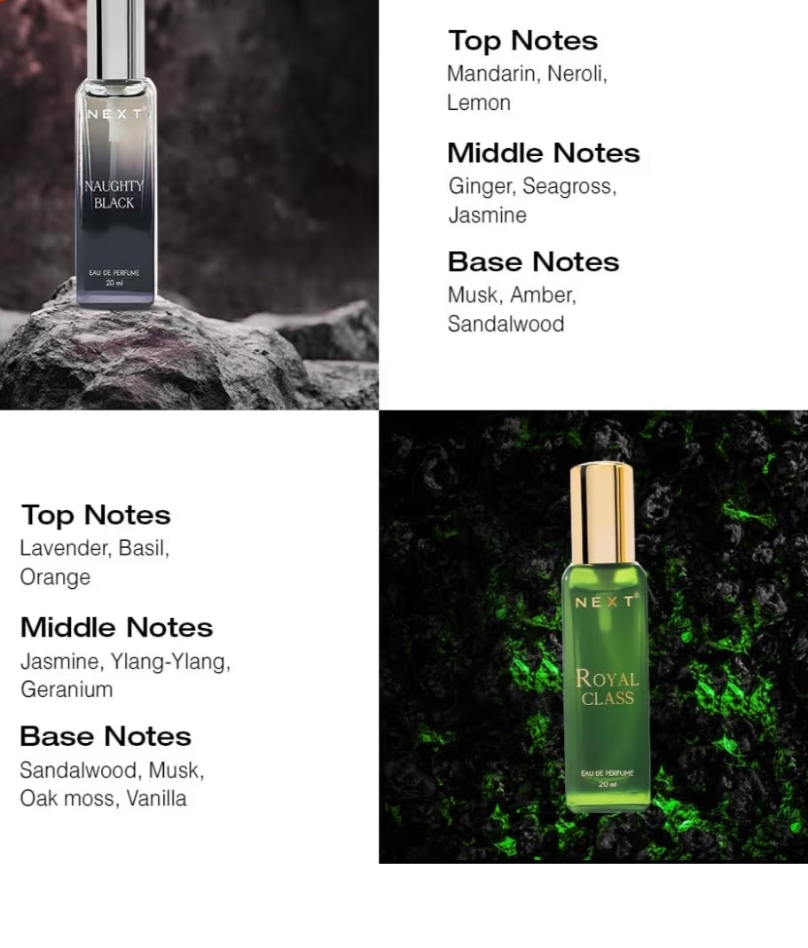 Next Luxury Perfume Fragrances Pack of 4 Eau de Parfum giftThe fragrances featured are "Golden Dragon," "True Blue," "Naughty Black," and "Royal Class". The set includes four 20ml bottles of Eau de Parfum.