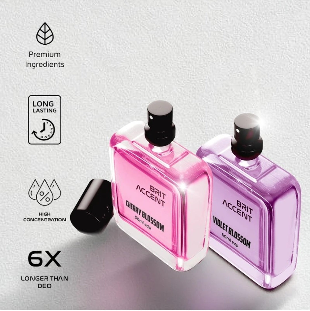 BRIT ACCENT

Combo Pack Violet Blossom&Cherry Blossom Premium Perfume Long lasting | Vanila Eau de Parfum

100 ml (For Women)