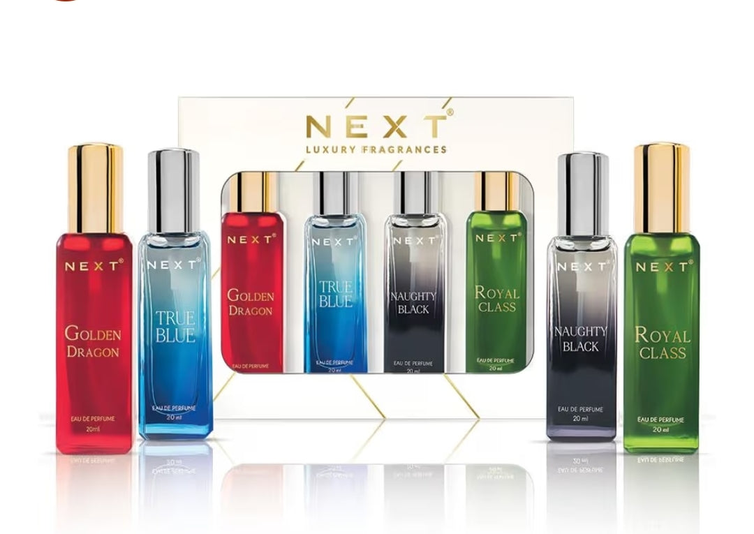 Next Luxury Perfume Fragrances Pack of 4 Eau de Parfum giftThe fragrances featured are "Golden Dragon," "True Blue," "Naughty Black," and "Royal Class". The set includes four 20ml bottles of Eau de Parfum.